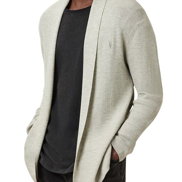 AllSaints Merino Wool Open Front Shawl Collar Ramskull Mode Cardigan - Picture 3 of 10